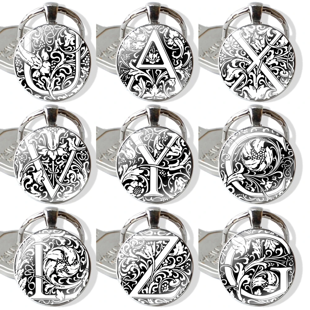 Keychain Handmade Glass Cabochon Key Ring Holder Pendant Key Chains Illuminated William Morris Floral Style Letter