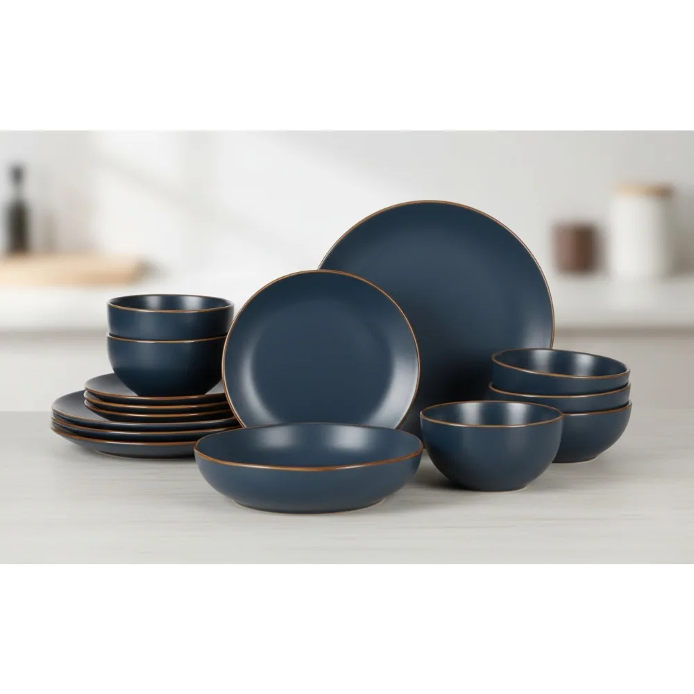 

16-Piece Navy Blue Stoneware Dinnerware Set - Durable Ceramic Plates & Bowls for Modern Kitchen