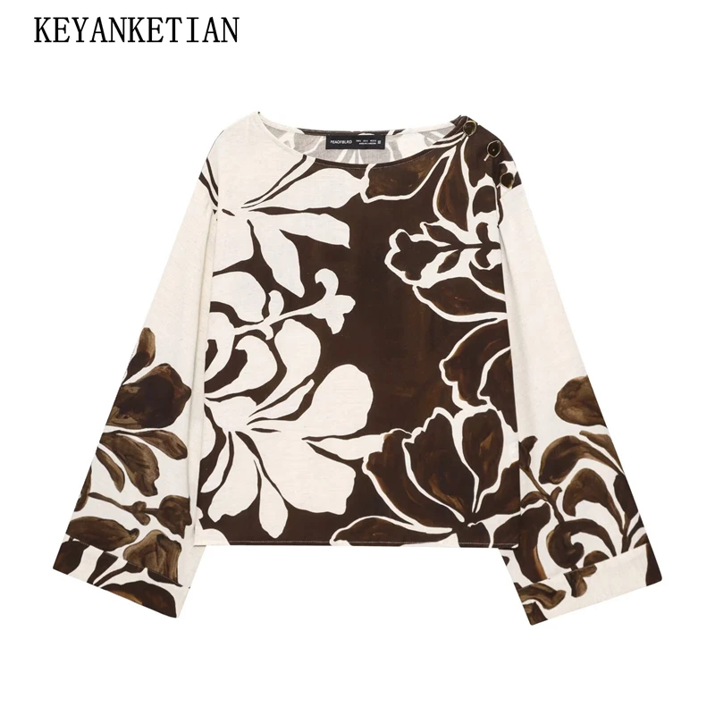 

KEYANKETIAN, новинка осени 202, женская рубашка с погонами на пуговицах, украшенная принтом, шикарные блузки с широкими рукавами и круглым вырезом, пуловер в стиле ретро, топ