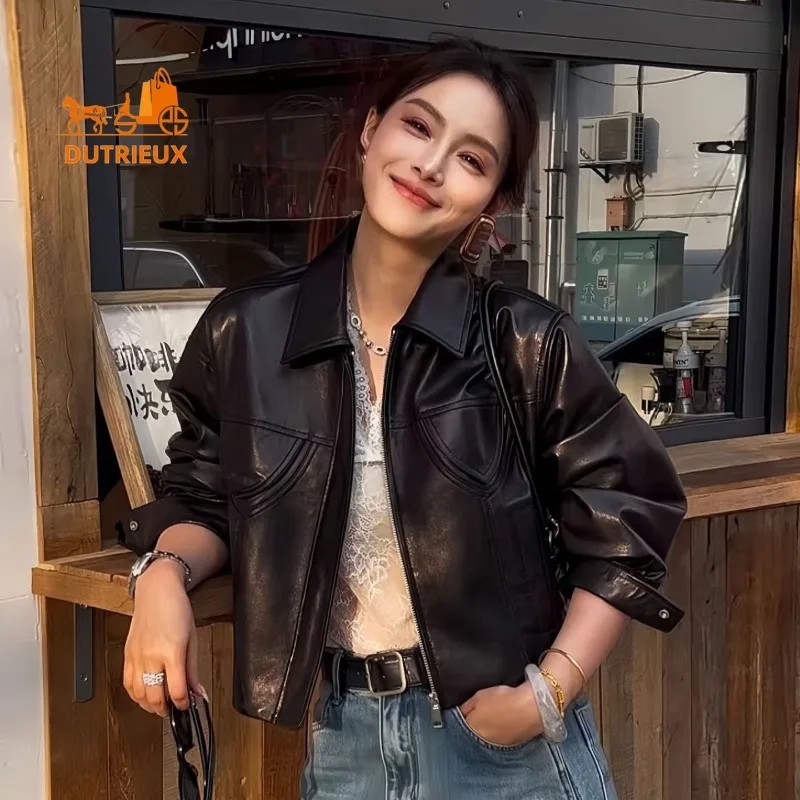 Winter Women's Lapel Double Pocket Zipper Short Real Leather Jacket, 100% Genuine Sheepskin Fashion Urban Modern and Noble Coat