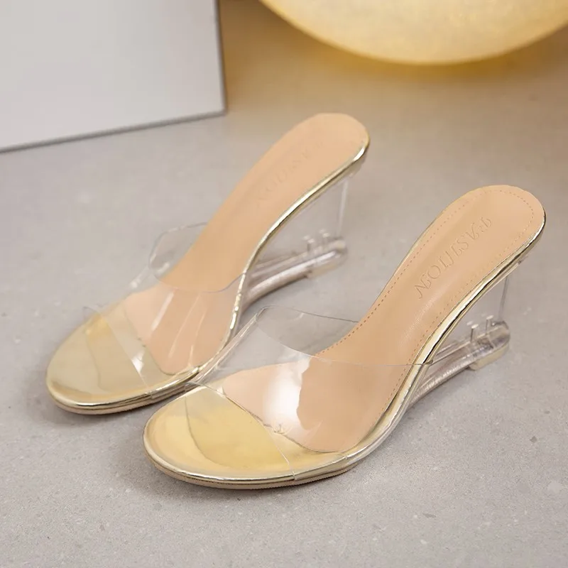 2024 Summer New Fashion High Heel Slippers Women\'s Transparent Slope Heel One line Fairy Wind Cooling Slippers