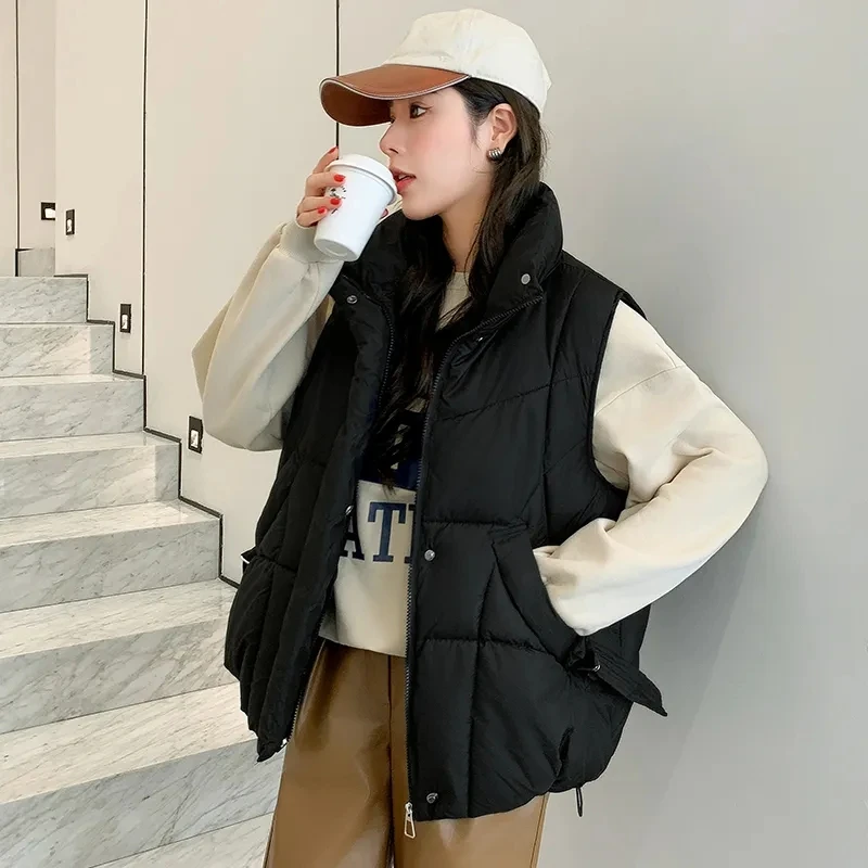 2024 New Winter Spring Puffer Vest Women Loose Oversize Sleeveless Cropped Stand Collar Coat Jacket Zipper Streetwear Waistcoat