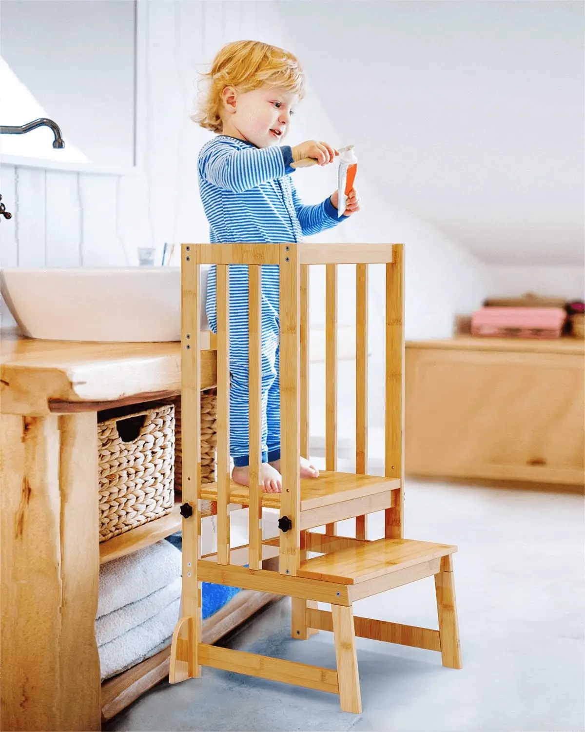 3 Adjustable Height Toddler Tower Learning Kitchen Step Stool Wooden For Kids