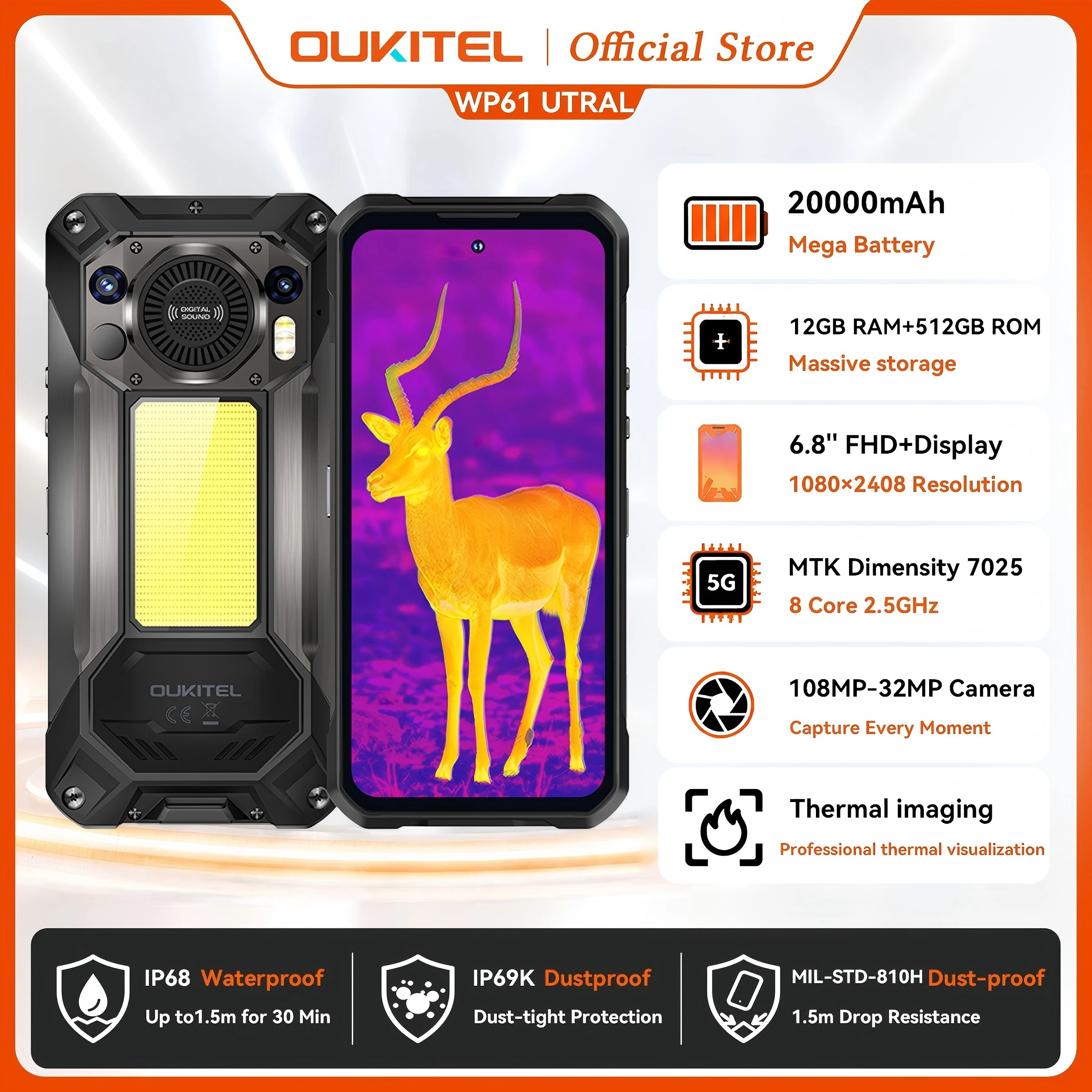 OUKITEL WP61 Ultra Rugged Phone 20000mAh, 6.78'' HD+ 36GB(12+24)+512GB ROM, 108MP Android 16 NFC 5G Smartphone - Thermal Imaging