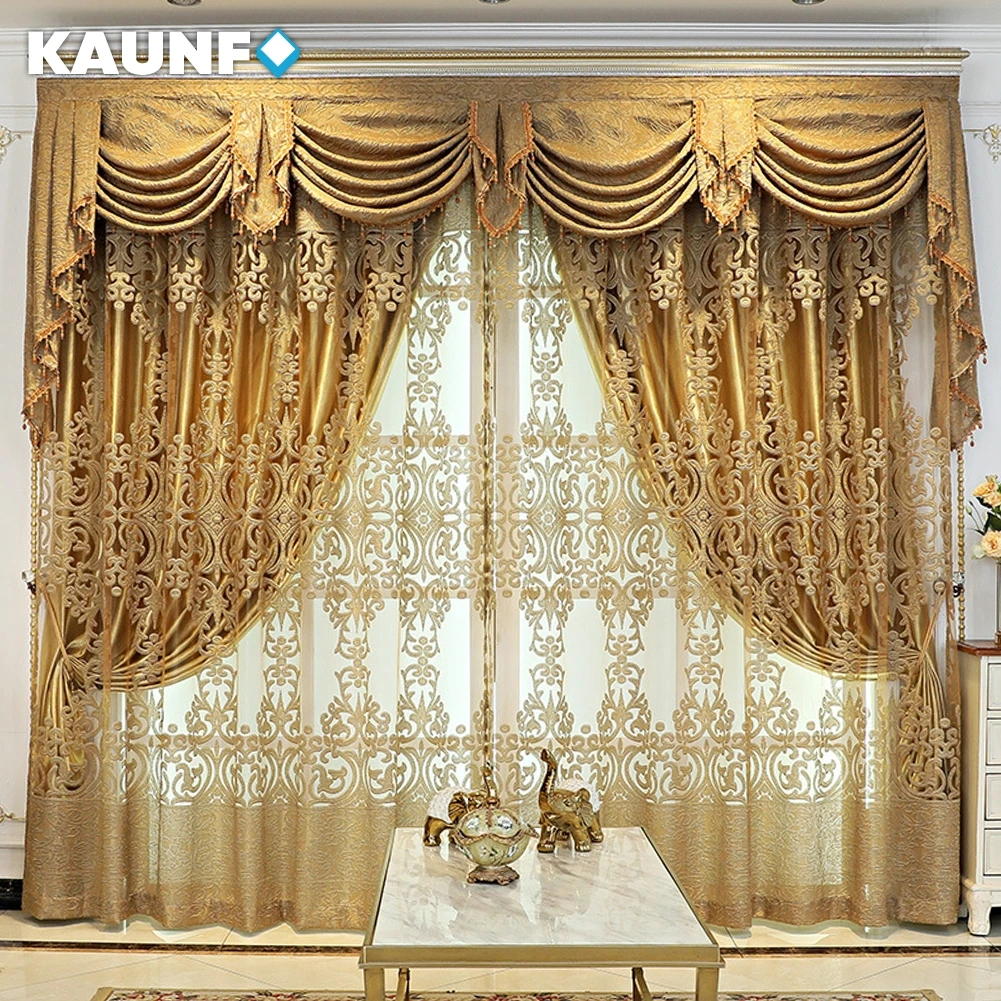 

KAUNFO Luxury Style Gold Jacquard Curtain Tulle Sheer Voile Valance Window Curtain Living Room Home Decor 1PC