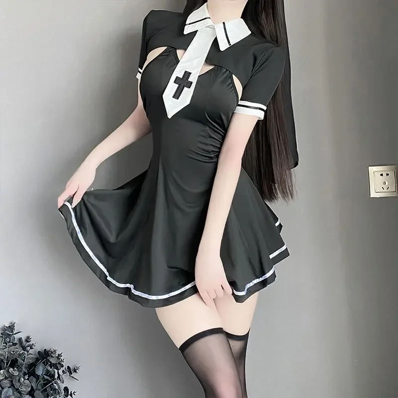 

Sexy Nun Costume Erotic Kawaii Lingerie Clothing Gothic Maid Dress Women Cosplay Black Vintage Shawl Mini Outfit