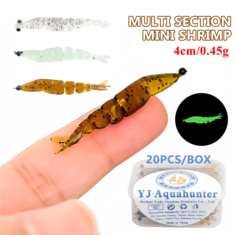 20 unids/caja luminosas suaves camarones Swimbaits señuelo de Pesca brillante 4cm 0,45g Pesca de carpa Mini multiarticulaciones cebos blandos de silicona Pesca