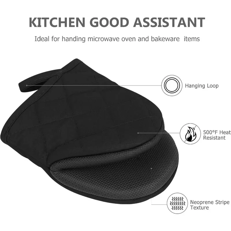 1 Pair Short Oven Mitts Silicone Kitchen Oven Gloves High Heat Resistant 500℉ with Non Slip Grip Surfaces and Hanging Loop Black