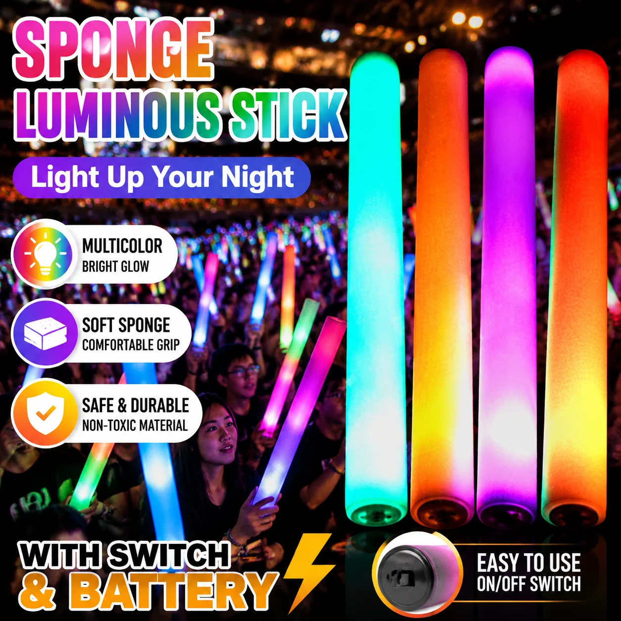 Sponge Luminous Stick Night Light Ying Light Silver Light Colorful Fluorescent Stick Straight Flash Stick Support Stick