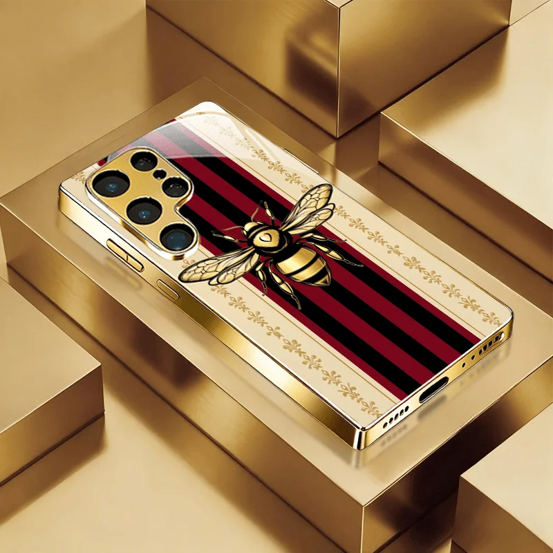 Goldene Biene Gestreifte Modische Exquisite HD-Glas-Handyhülle für Samsung Galaxy S26 S25 S24 S23 S22 FE, Ultra, Plus Sturzsicher