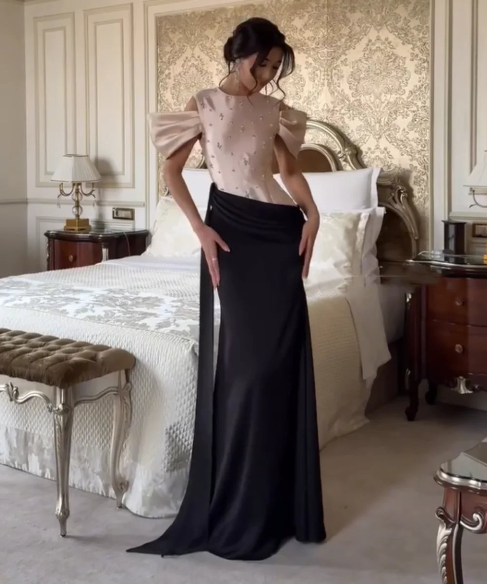 

Customized Simple Charmeuse Pleat Sequined Trumpet O-Neck Long Prom Dresses Luxury 2025 Sparkle Elegant Unisex