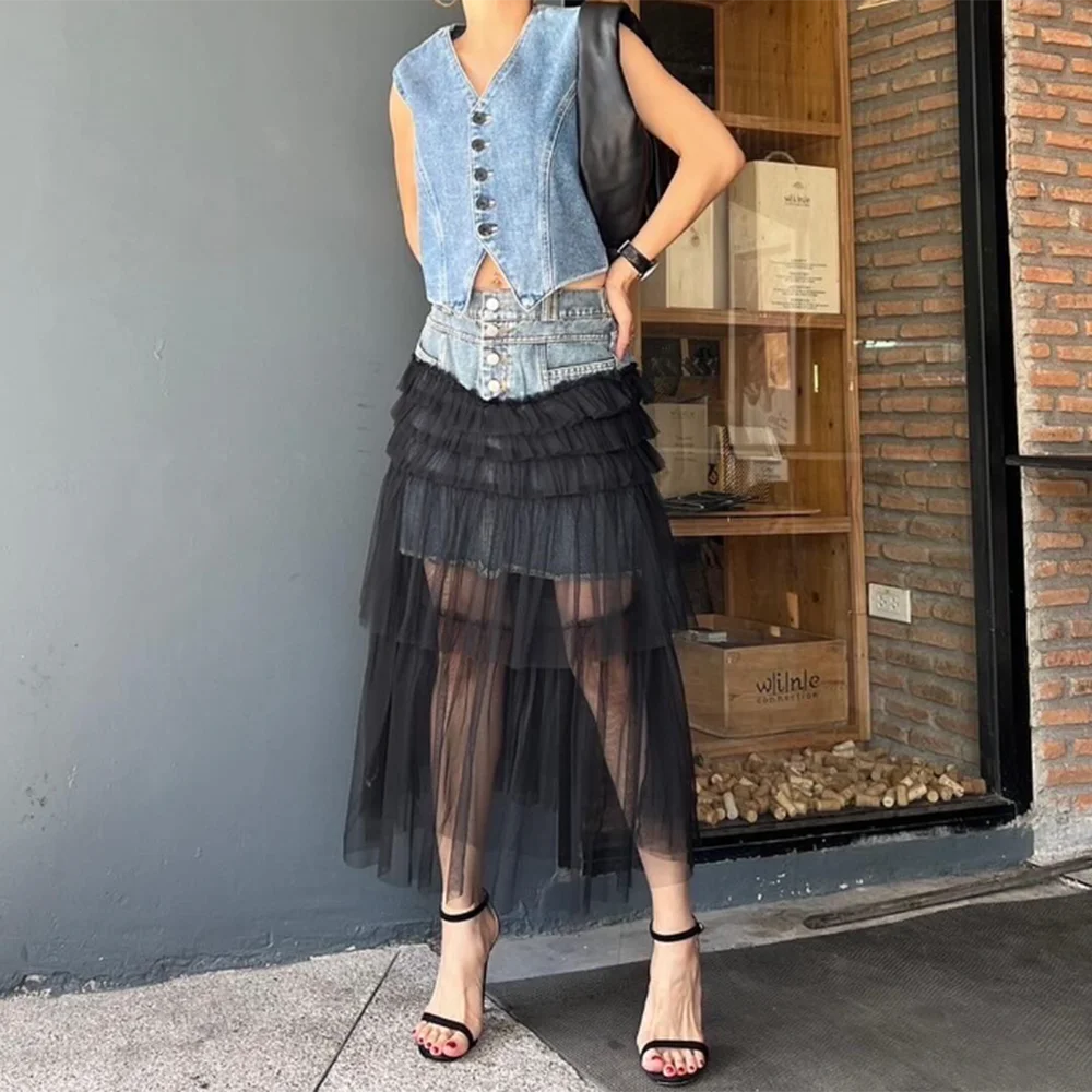 TWOTWINSTYLE Colorblock Spliced Fold Designer Skirt For Women High Waist Packetwork Mesh Temperament Skirts Female Fashion New