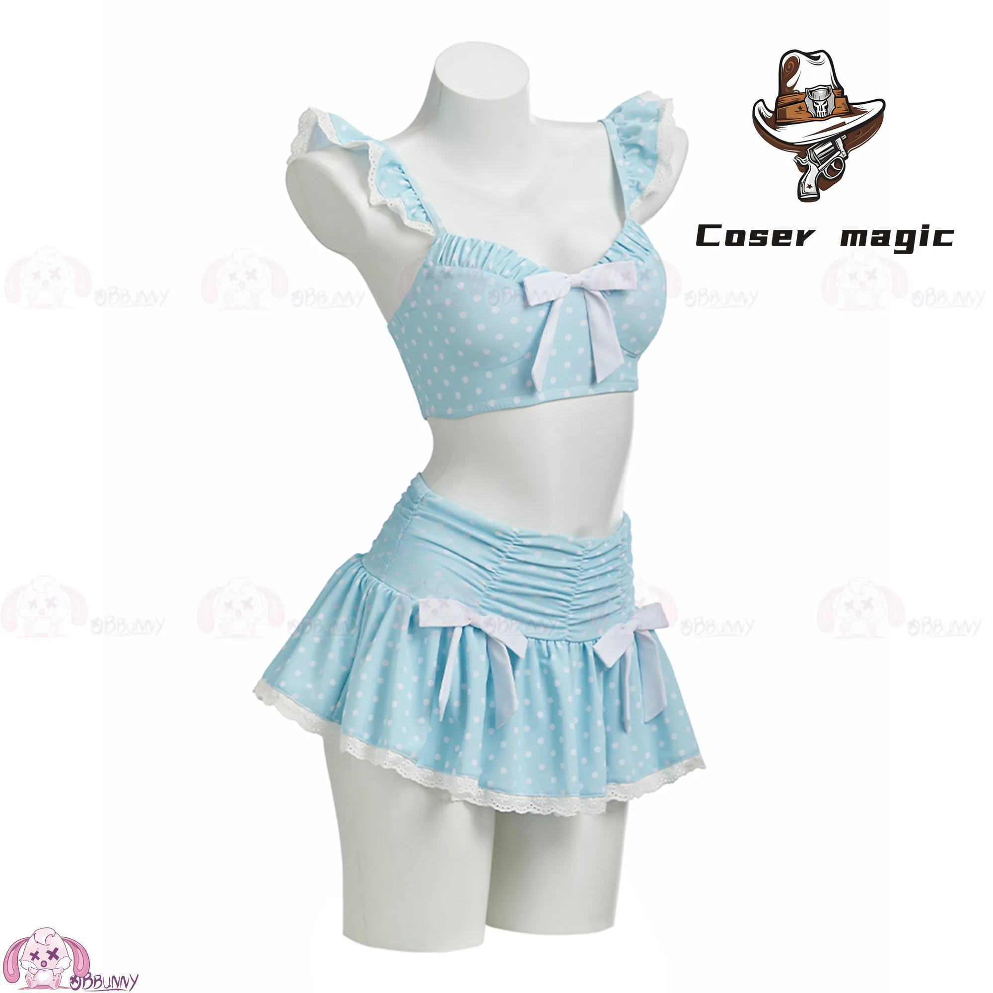 

Vintage Polka Dot Bow Swimsuit, Cute Baby Blue Ruffle Skirt One-Piece Swimsuit for Girls