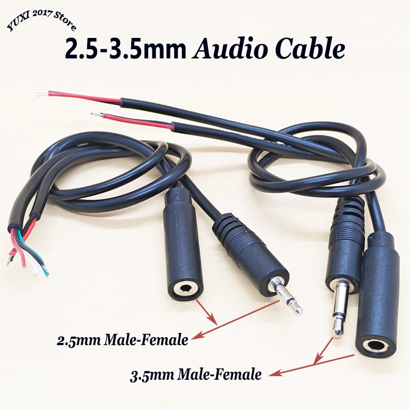 Audio Cable 2.5-3.5mm Male/Female Plug to Bare Wire Open End TS Mono 2/3/4 Pin Stereo Plug Jack Connector for Audio Equipment