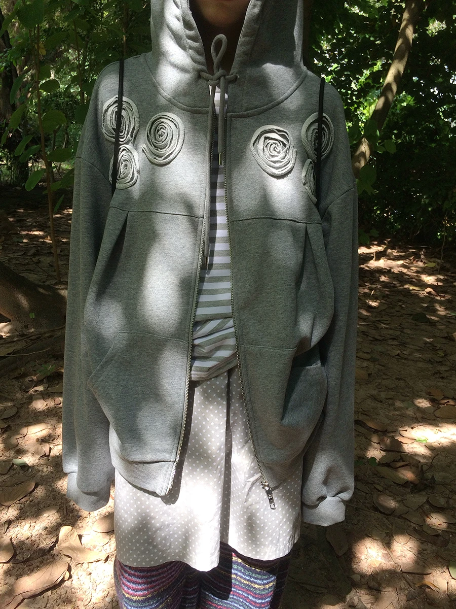 

Толстовка Lazy Sle Hooded Jaet onths Brand в корейском стиле с длинными рукавами, двойной молнией и 3D-цветочным дизайном