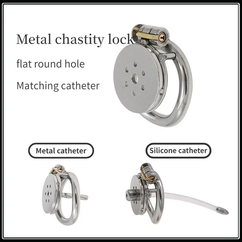 Male Chastity Belt Flat Round Hole Metal Chastity Lock Cock Cage with Urethral Catheter Penis Ring 성인용품 Adult Sex Toys Gay Men18