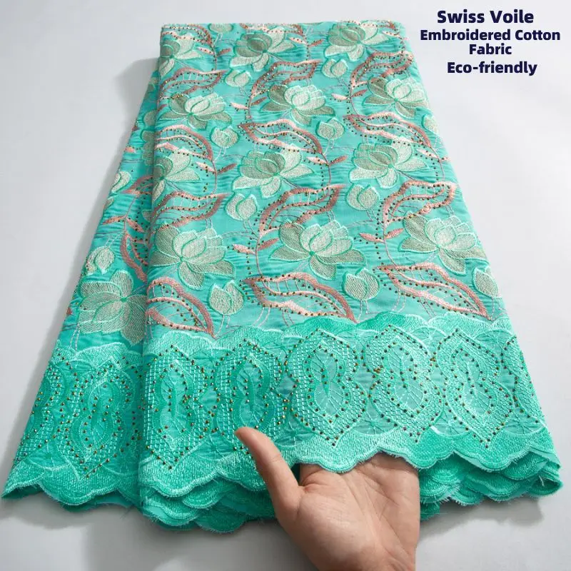 Latest Dubai Cotton Lace Fabric 5 Yard Crystals Swiss Voile Lace In Switzerland African Fabric Elegant Dress for Women Sew A3787