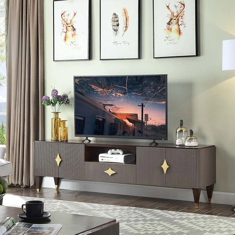 American luxury TV cabinet, post-modern simple living room, tea table, TV cabinet, gray stripe, solid wood floor cabinet