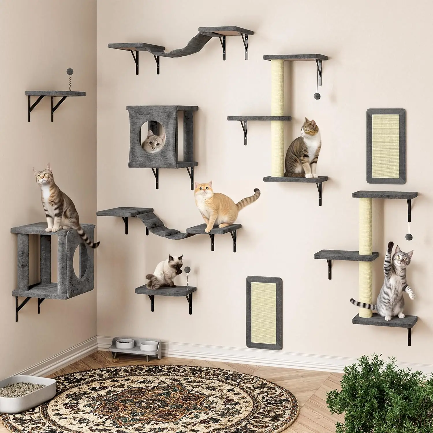 

10-in-1 Cat Wall Shelves, Wooden Cat Climbing Wall with Scratching Post, Cat Wall Mounted Furniture for Climbers,, Customized