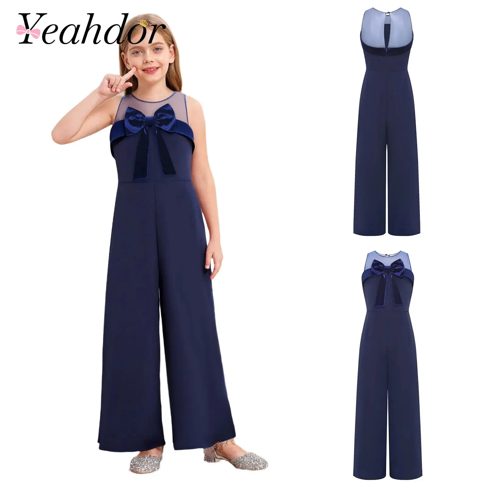 

Children Tuxedo Jumpsuits Bowknot Girl Sleeveless Party Romper Birthday Party Outfit Suit Pants Formal Pageant Wedding Jumpsuit