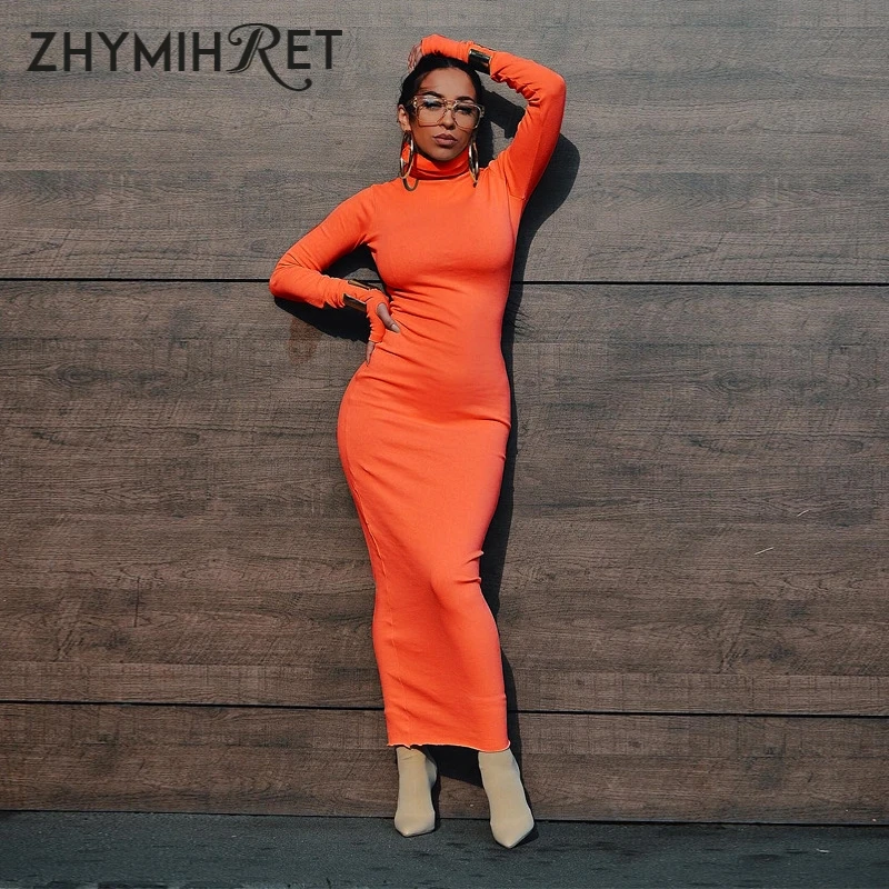 ZHYMIHRE Autumn Winter Turtleneck Neon Color Long Dress Women Long Sleeve Maxi Vestidos Fluorescence Sexy Party Dress Robe Femme