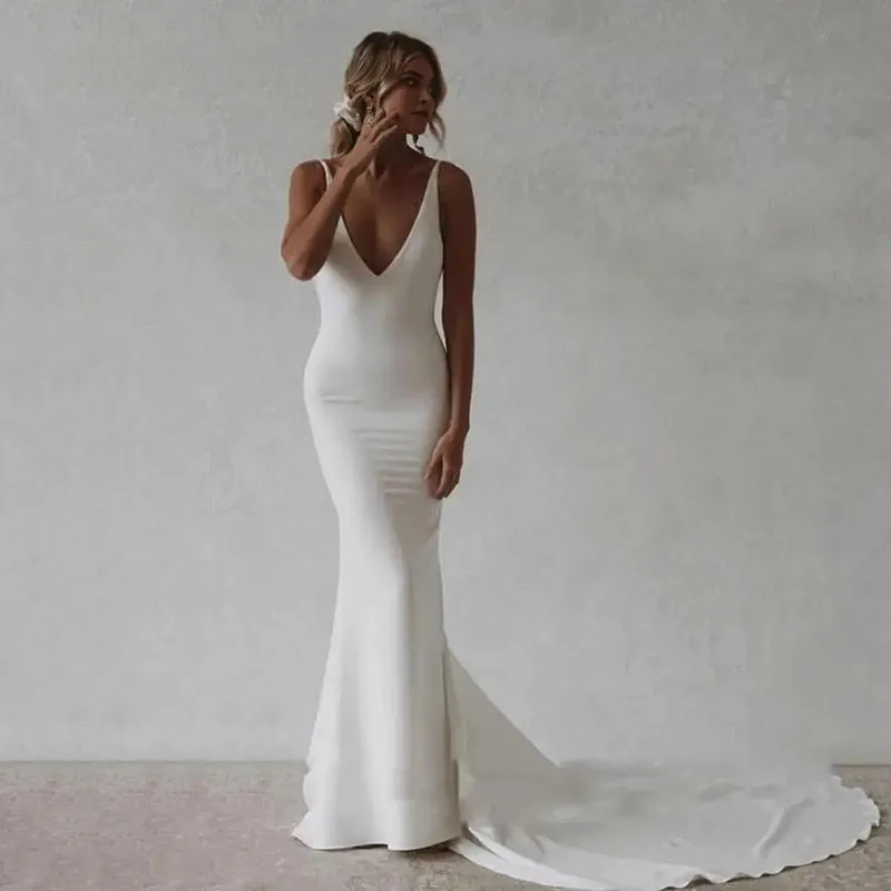 

Elegant Mermaid Wedding Dresses Women Open Back V-Neck Spaghetti Straps Satin Simple Bridal Gowns Sweep Train Vestidos De Noiva