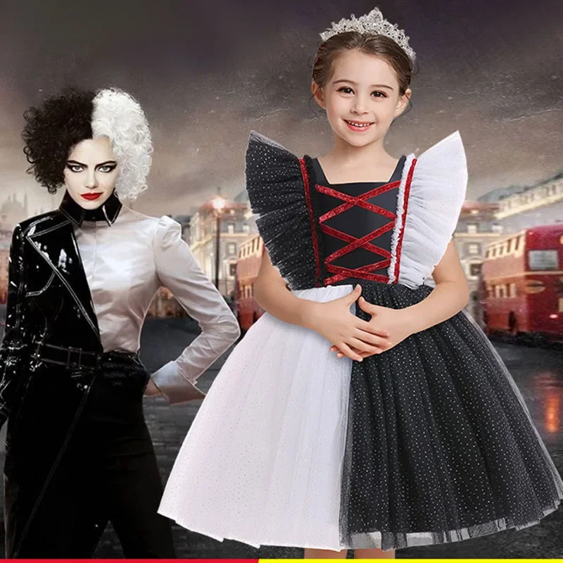 Evil Cruella تأثيري زي للفتيات ، أسود وأبيض ، فستان توتو ، أغطية رأس للأطفال ، حفلة تنكرية ، عيد الهالوين ، حفلة كرنفال ، فيلم ألعاب ساخنة ، 2-10T