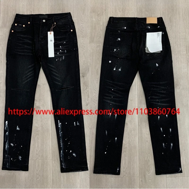 

Streetwear Retro Fashionable Splash Ink Jeans High Quality Hip-hop Pencil Pants Casual Ripped Hole Denim Trousers
