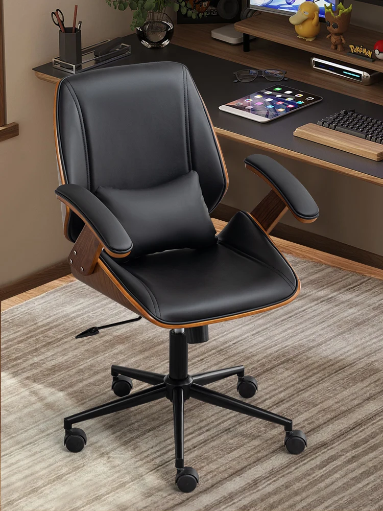 كراسي كمبيوتر منزلية جلدية، جلوس مريح، كرسي دوار للرفع، كرسي مكتب بذراعين، مقعد دراسة، أثاث من الخشب الصلب
