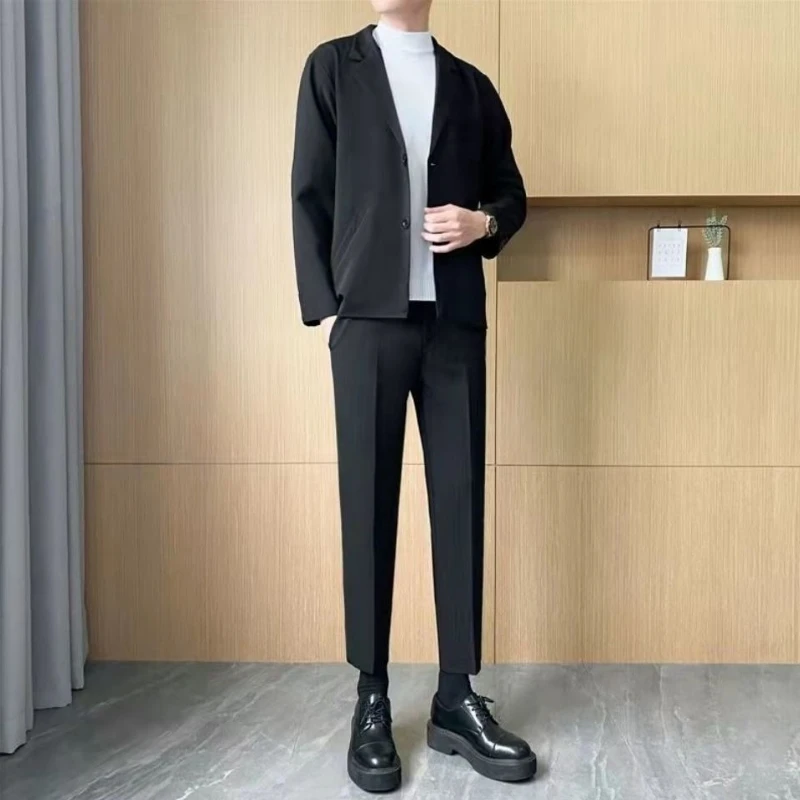 Men's Casual Suit Set Black Slim Fit Lightweight Blazer Pants Korean Style Business Office Workwear Uniform