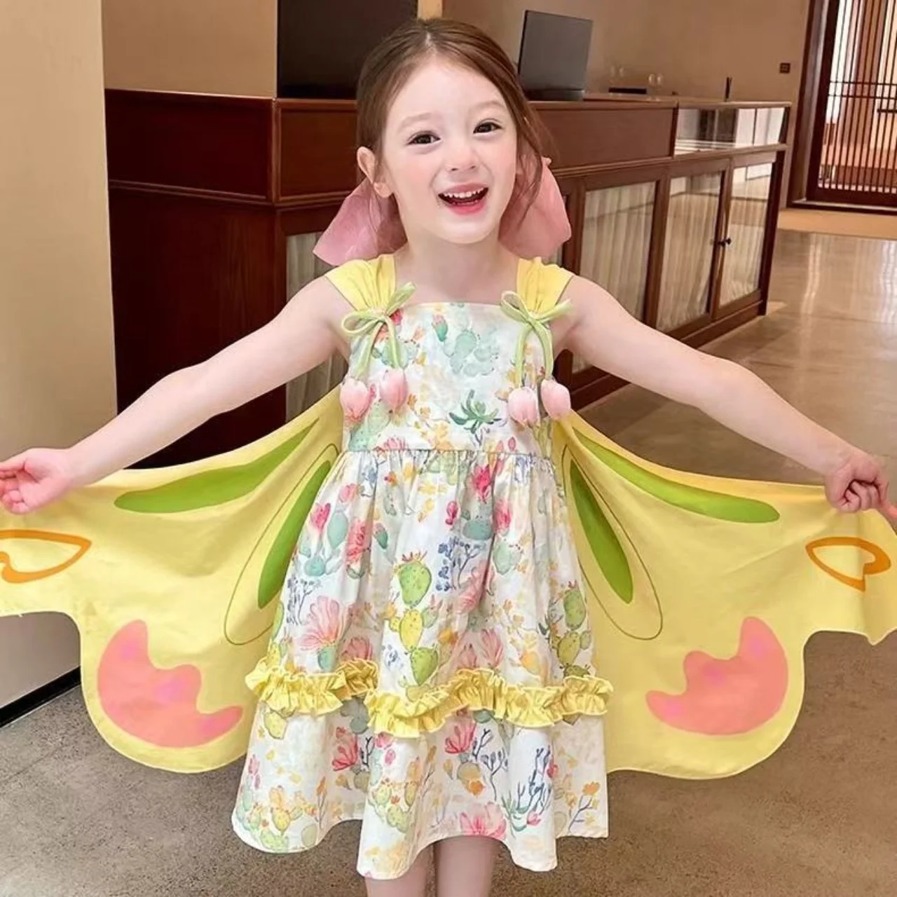 

Girls' 2025 New Camisole Dress Summer Children's Floral Summer Dress Stylish And Cute Butterfly Wing Princess Dress