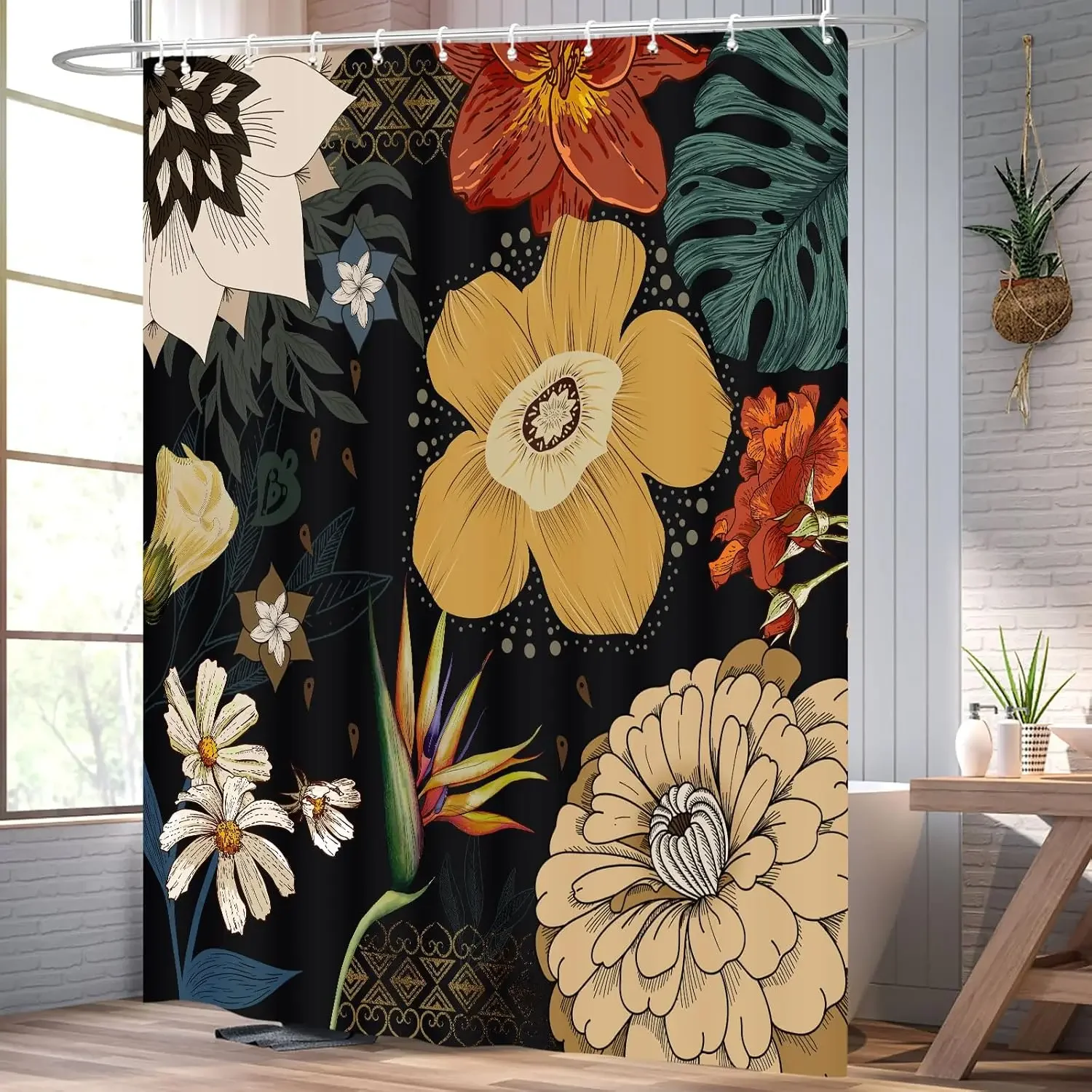 Black Bohemian Floral Shower Curtain, Vintage Floral Plant Shower Curtain Decorations for Bathroom, 180X180CM