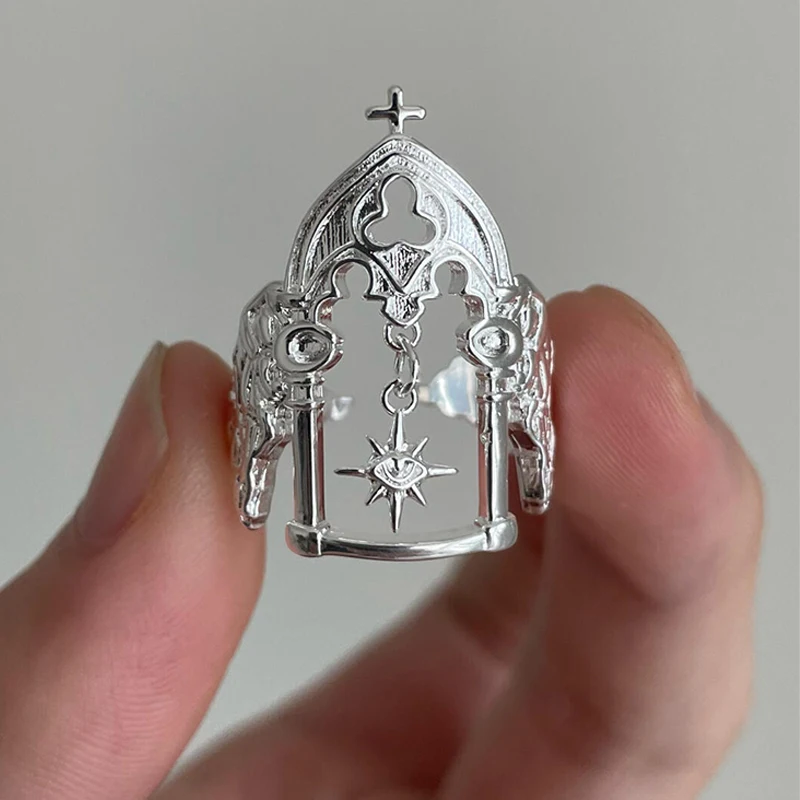 Middle Ancient Style Castle Octagonal Star Ring with Unique Design Sense Open Mouth Art Retro Index Finger Ring