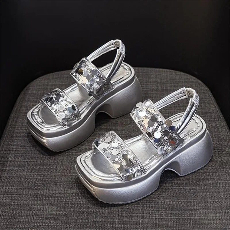 7cm summer new fashion silver black sequin platform sandals Increase casual beach sandals 33 40