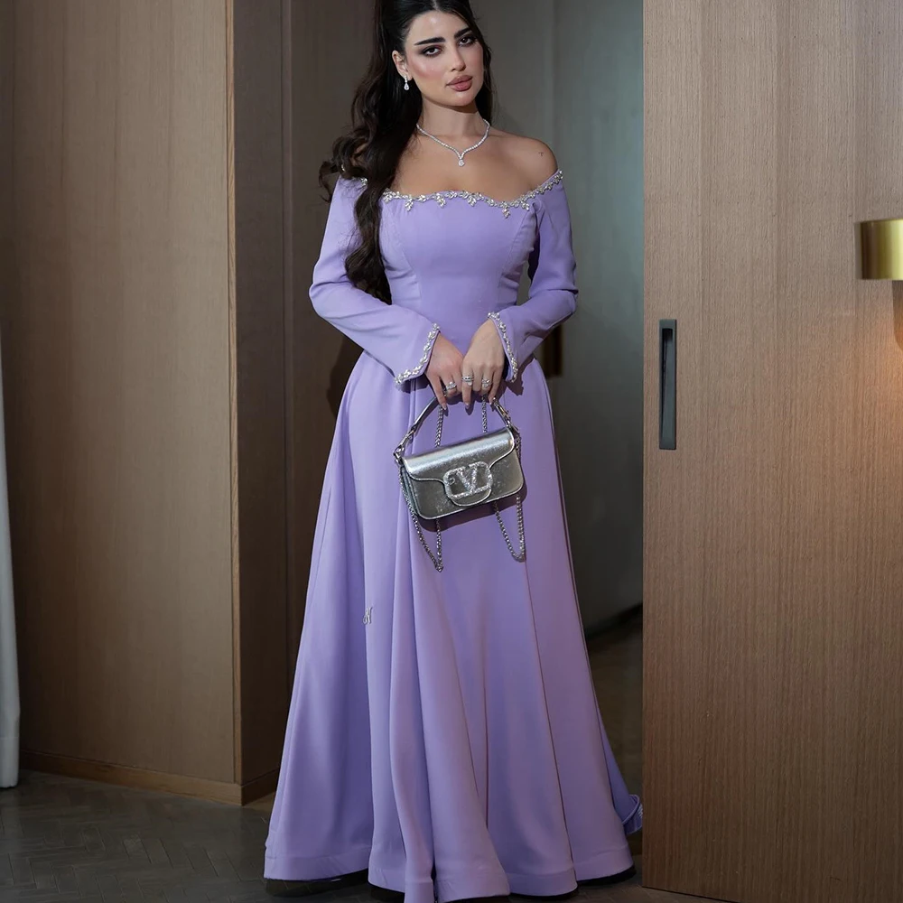 

Customized Boat Neck Purple Draped Jersey Evening Dress Crystal Full Sleeves Party Dress A-line Backless Ankle Length Prom Gown
