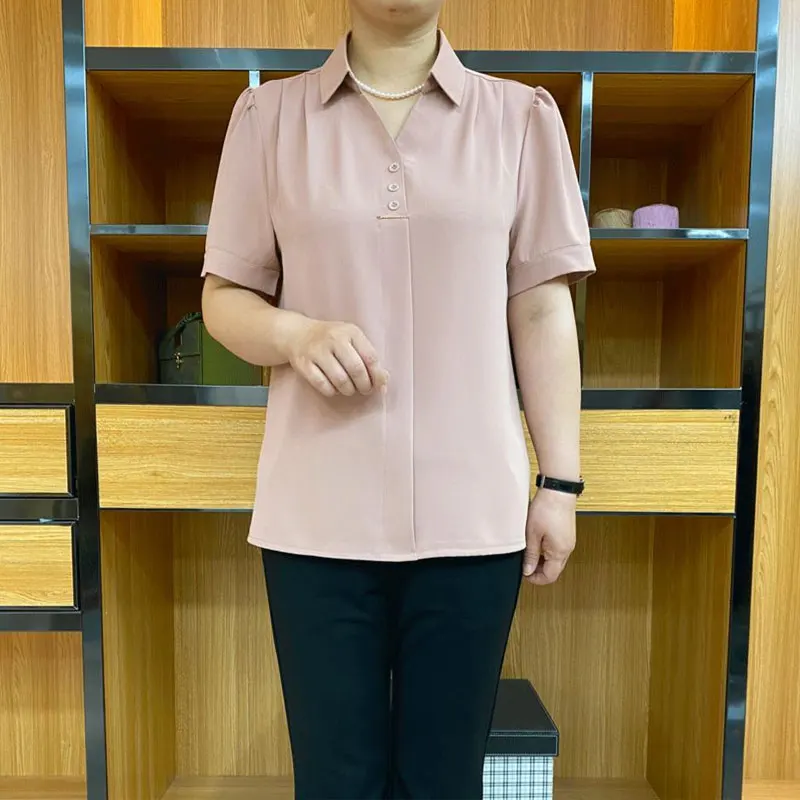 Office Lady Solid Color Shirt Summer Turn-down Collar Women\'s Clothing Short Sleeve Fashion Button Casual All-match Loose Blouse