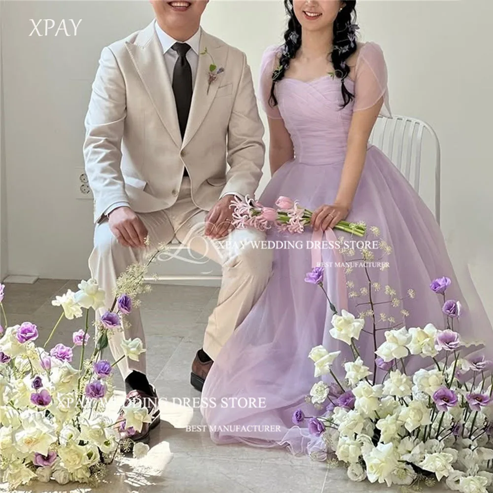 

XPAY Lavender Purple Cap Sleeves Korea A Line Evening Dresses Organza Floor-Length Formal Prom Gown PhotoShoot Wedding Customize