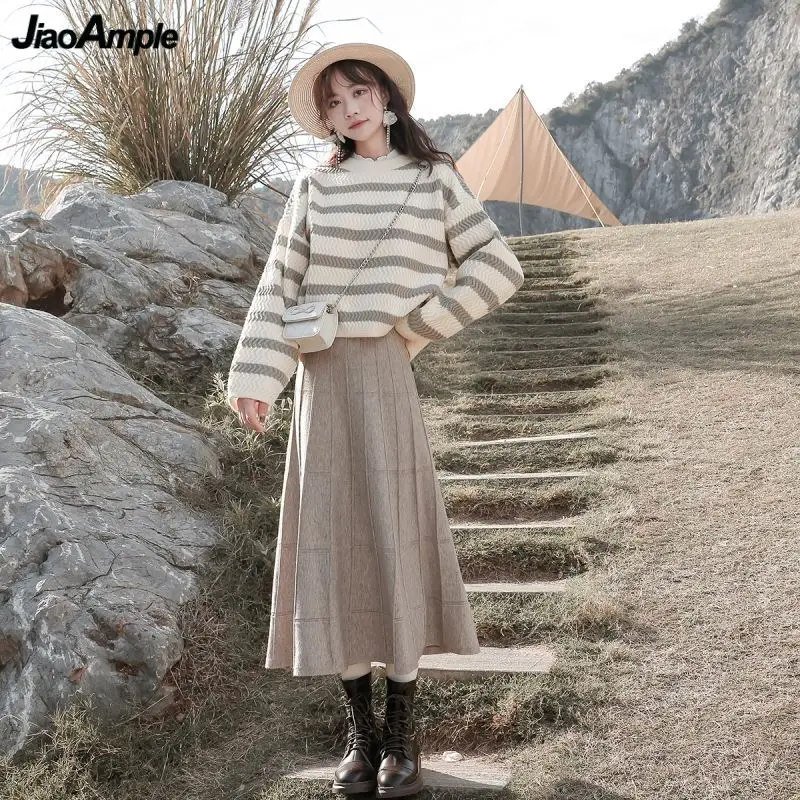 

Women's Spring Autumn Casual Stripe Sweater Wool Blends Skirts 1 or 2 Piece Dress Set Korean Lady Graceful Knit Pullover Outfits