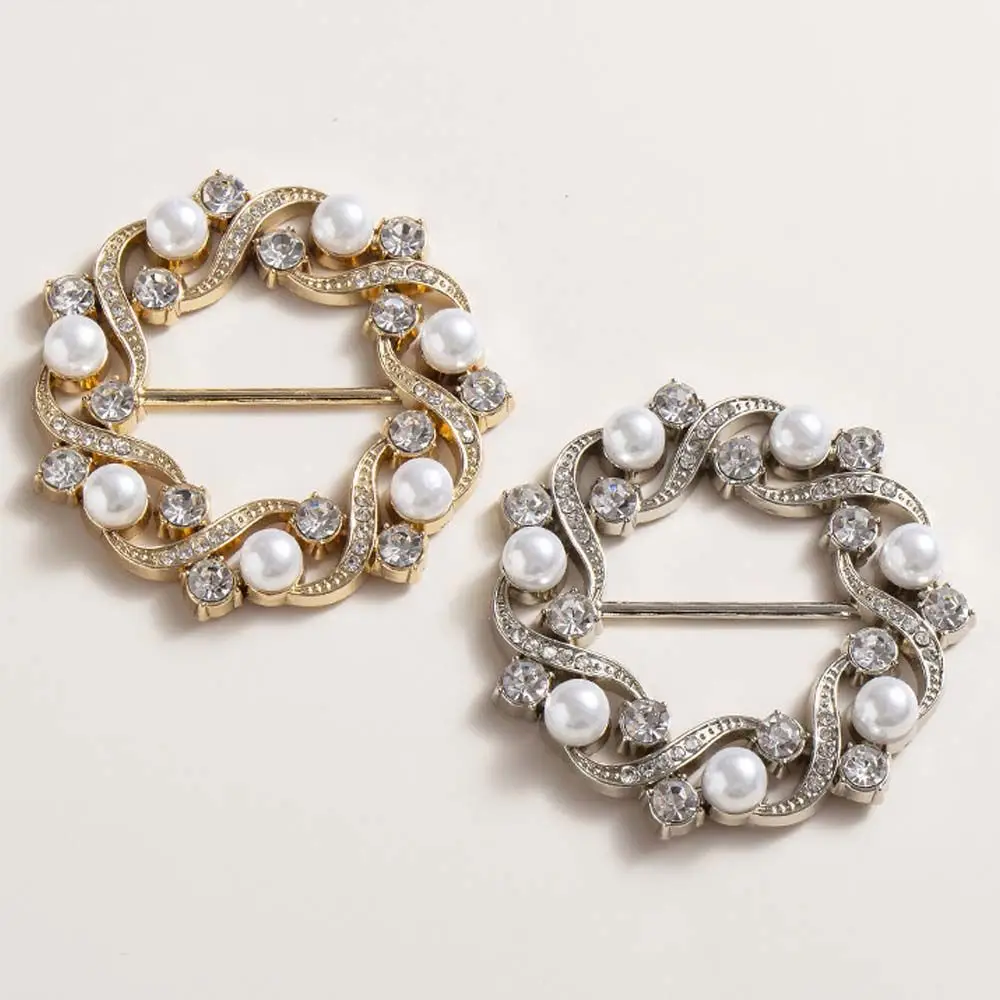 Geometric Women Gift Round Pearl Three-ring Crystal Shawl Clip Scarf Ring Scarf Buckle Brooch
