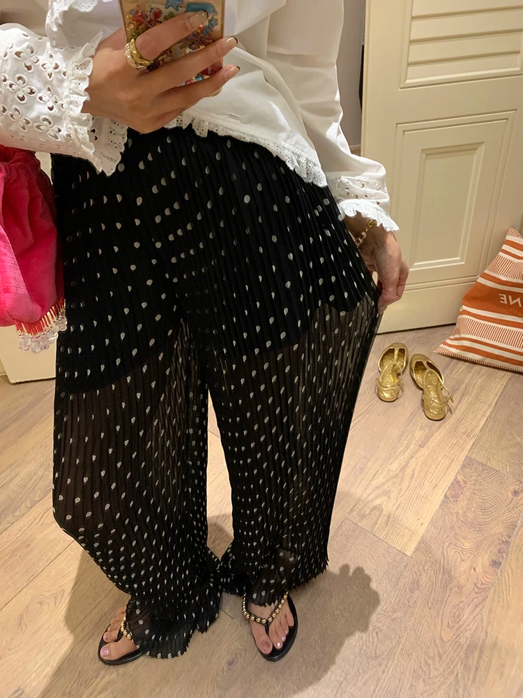 Bla Polka Dot Hose mit weitem Bein, Rock für Damen, Frühling 2022, locker sitzende Hose mit hoher Taille, Polyesterfaser, Freizeithose