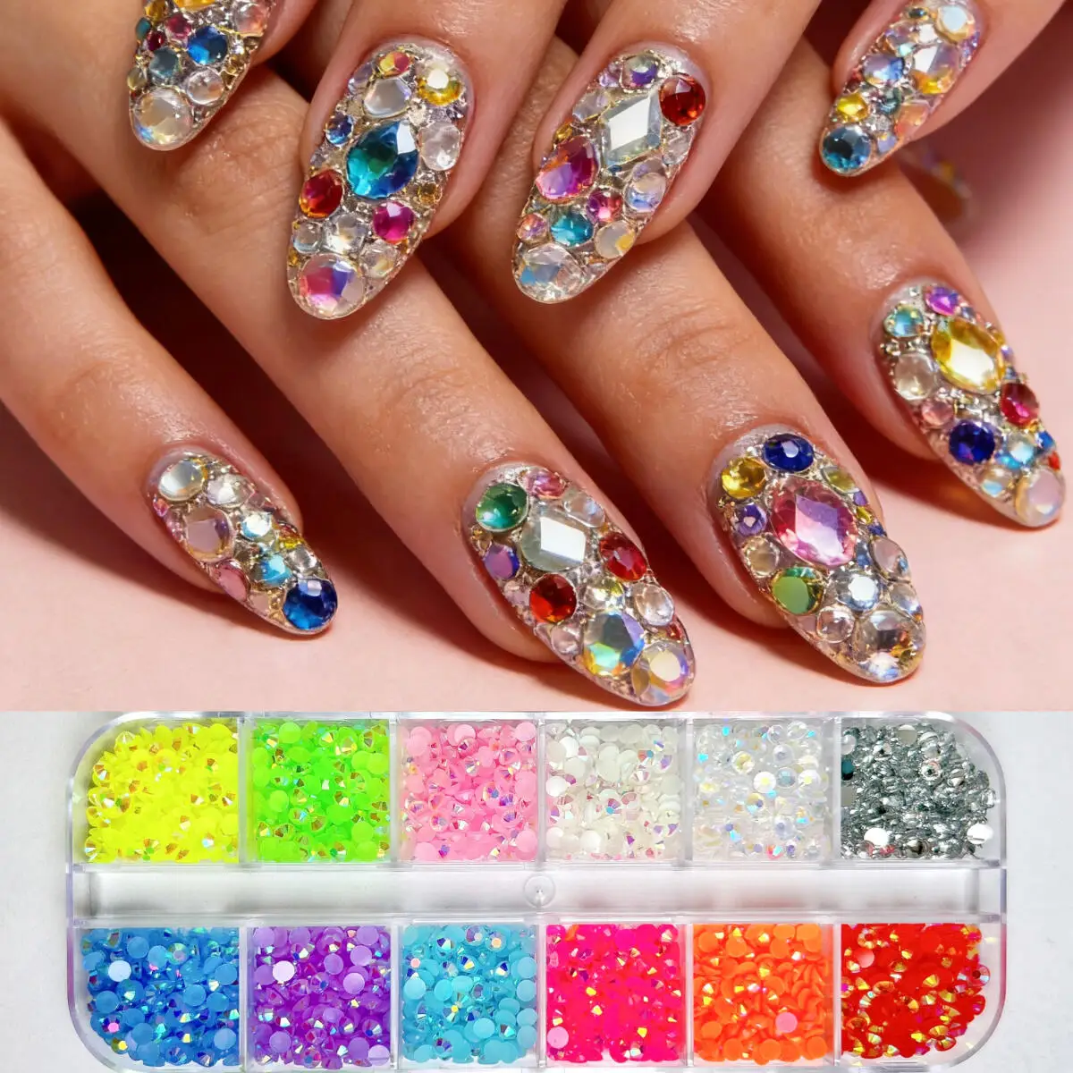 

1Box Hot Selling Flatback Nail Rhinestone Jewelry 3D Colorful Shiny Semi-circular Resin Nail Diamonds Charms DIY Nail Supplies