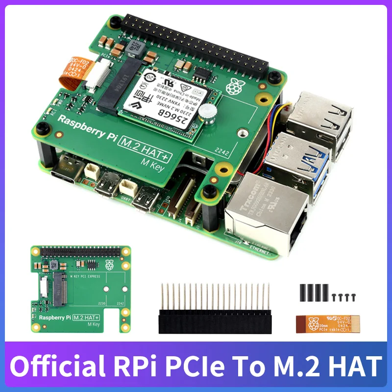 

Официальный Raspberry Pi PCIe на M.2 HAT высокоскоростной адаптер расширения поддерживает протокол NVMe M.2 твердотельный накопитель с кабелем 16P