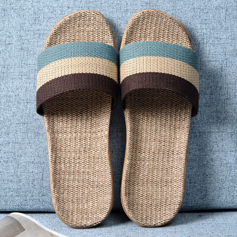 Men Multicolor Flax Slippers Summer Home Shoes Non-slip Indoor Slippers Breather Linen Slides Male Flat Sandals Pantuflas Hombre