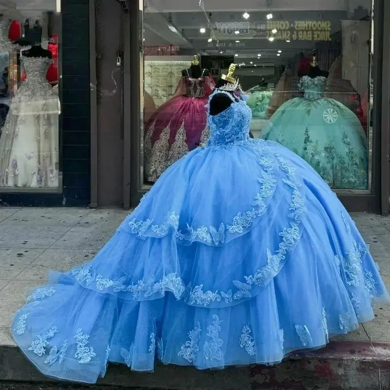 Vestidos De quincenara De mariposa azul cielo, apliques De cuentas De encaje, dulce 16 vestido De graduación, Vestidos De 15 Años personalizados