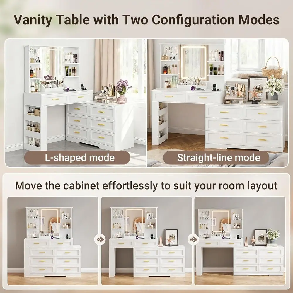 Lighted Makeup Vanity Table with Power Outlet, Storage Shelves, Drawer, and Leg Storage, White view 4