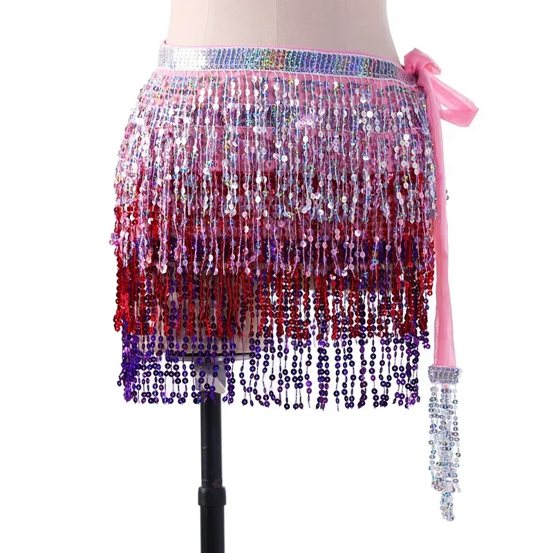 4-layer Wave Hip Scarf Women's Belly Dance Performance Costume Sparkling Tassel Sequins Mini Skirt Wrapped with Color