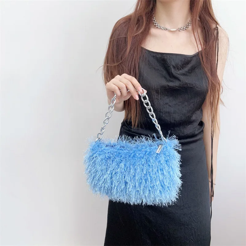 Fashion Faux Fur Women Shoulder Bag Solid Color Plush Ladies Chain Underarm Bags Furry Square Clutch Female Evening Handbag