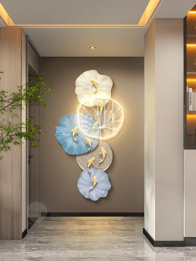 Nine fish map entrance decorative painting light luxury high-end lotus leaf wall lamp hanging painting high-end corridor