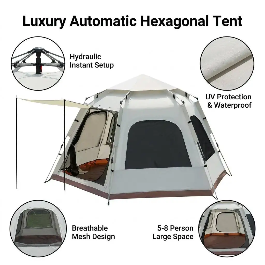 Wholesale OEM Custom Pop up Hexagonal Camping Tent with Side Sun Awning Waterproof Windproof Breathable Family Factory Supplier