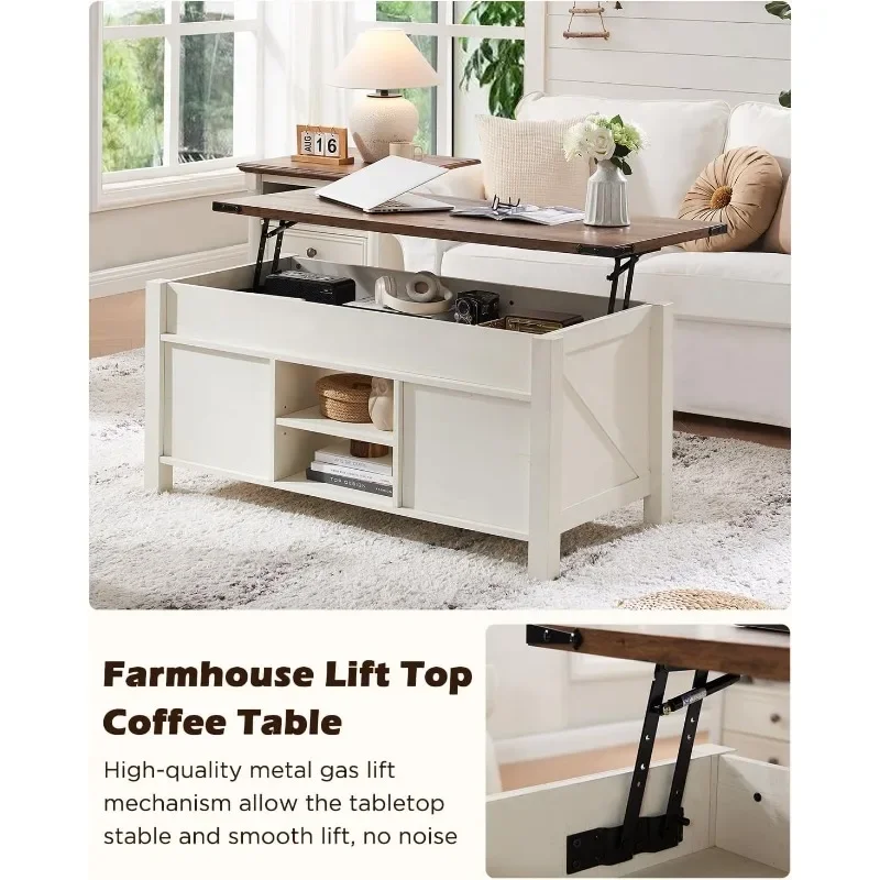 OKD-Farmhouse Lift Top Coffee Table com porta de celeiro deslizante, mesa central rústica, compartimento de armazenamento escondido, mesa de levantamento